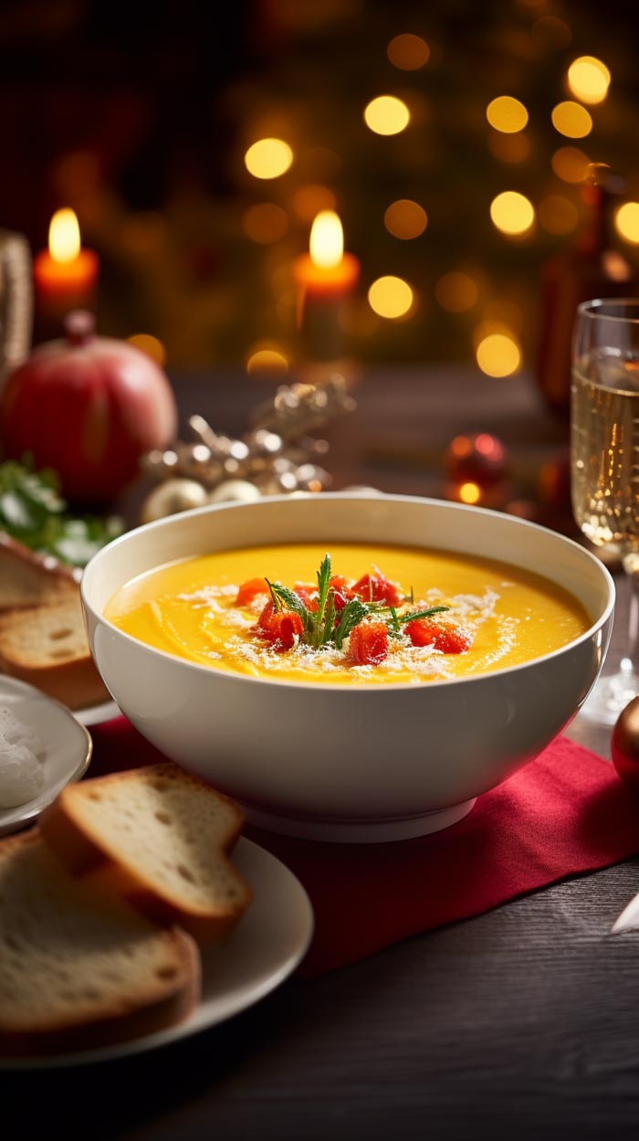 Festlich dekorierte Kürbissuppe mit einem Hauch von Mexican Tears - Pumpkin Soup Sauce, serviert in einer weißen Schüssel mit Weihnachtsbeleuchtung im Hintergrund.