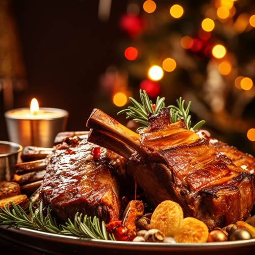 Festlich angerichtete geschmorte Rinderhaxe mit Carolina Reaper Chili und Kräutern, präsentiert vor weihnachtlicher Kulisse mit warmem Kerzenlicht.