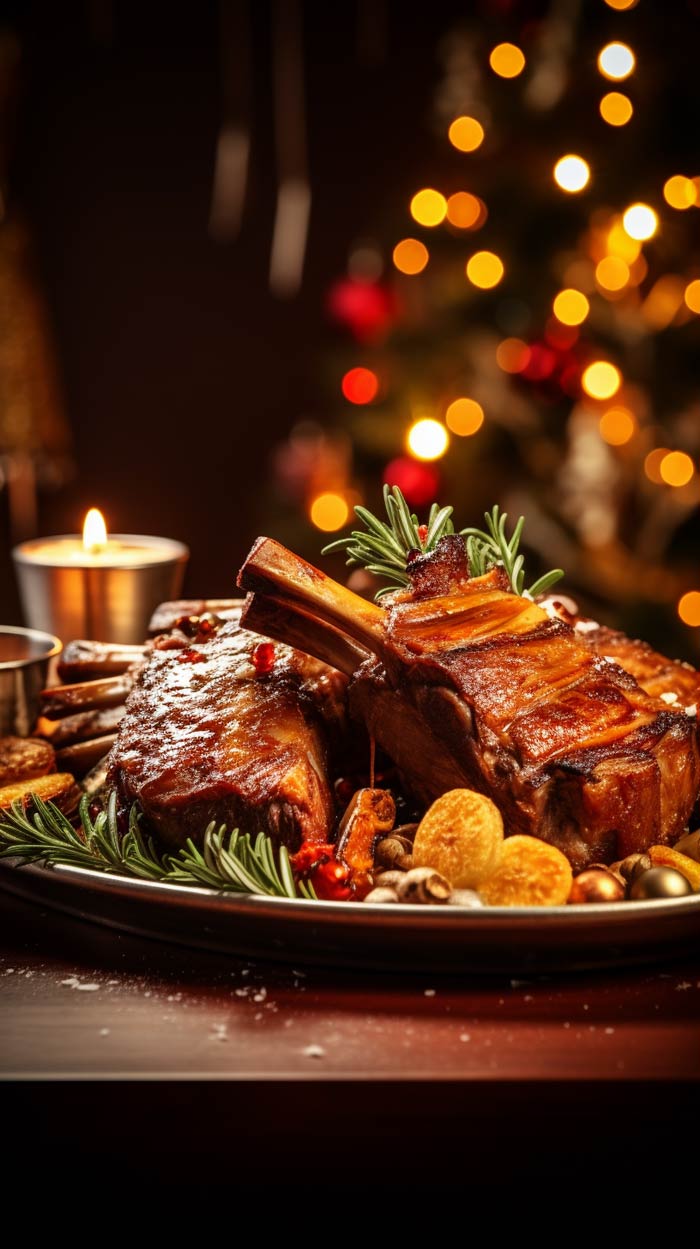 Festliche, geschmorte Rinderhaxe mit Carolina Reaper Chilisauce und Kräutern, präsentiert vor weihnachtlicher Kulisse mit warmem Kerzenlicht.