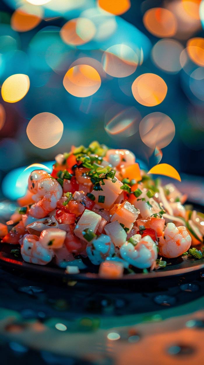 Leckeres Ceviche auf einem Teller, garniert mit frischen Kräutern.