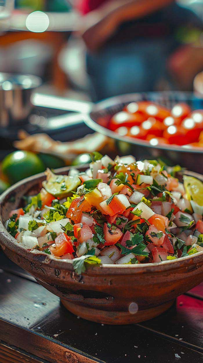 Ceviche mit Koriander und Limette auf einem Teller, serviert auf einem rustikalen Holztisch.