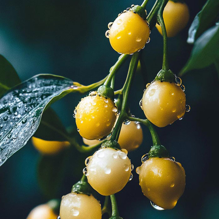 Nahaufnahme von gelb-orangen, runden Früchten an einem grünen Zweig, bedeckt mit Wassertropfen.