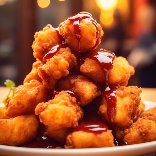 Ein Stapel von goldbraun frittierten Chicken Nuggets, kunstvoll mit glänzender BBQ-Sauce beträufelt, präsentiert auf einem Teller vor einem unscharfen Hintergrund mit warmem Licht.