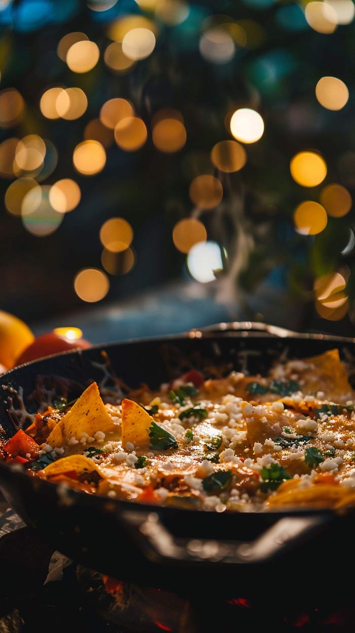 Leckere Chilaquiles in einer Pfanne, garniert mit frischen Kräutern und Käse.