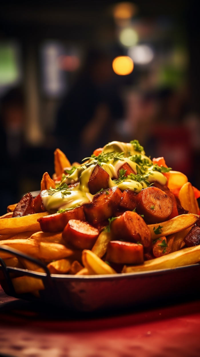 Appetitanregende Currywurst mit Pommes und geschmolzenem Käse überzogen, serviert in einer Schale.