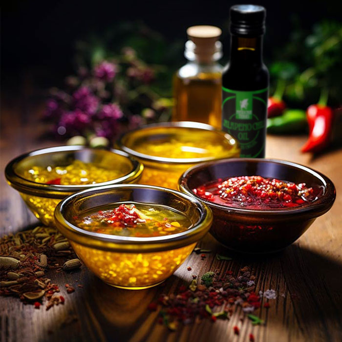 Verschiedene scharfe Chili-Öle in Schalen, bestreut mit Kräutern und Gewürzen, präsentiert auf einer rustikalen Tischoberfläche mit Ölflaschen im Hintergrund.