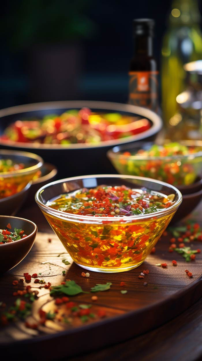 Eine Nahaufnahme eines klaren Glasschälchens mit goldenem Chili-Öl, üppig bestreut mit roten Chiliflocken, grünen Kräutern und ganzen Gewürzen, auf einem dunklen Holztablett.