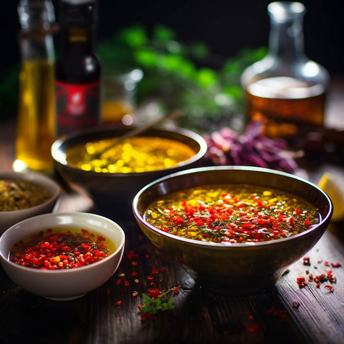 Eine Auswahl an drei Schüsseln mit Chili-Öl, reich garniert mit frischen Kräutern, rotem Chili und Gewürzen, auf einem dunklen Holztisch neben Olivenöl und Essigflaschen.