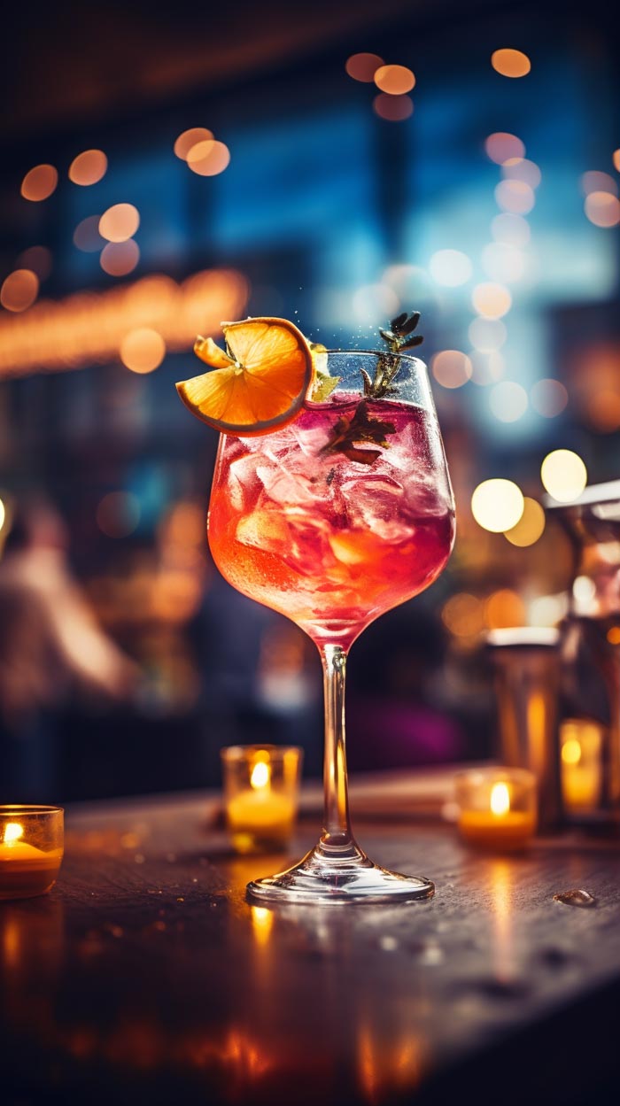 Ein Cocktailglas mit einem pinkfarbenen Getränk, garniert mit einer Orangenscheibe und Rosmarin, steht auf einer Bar, im Hintergrund unscharfe Lichter.