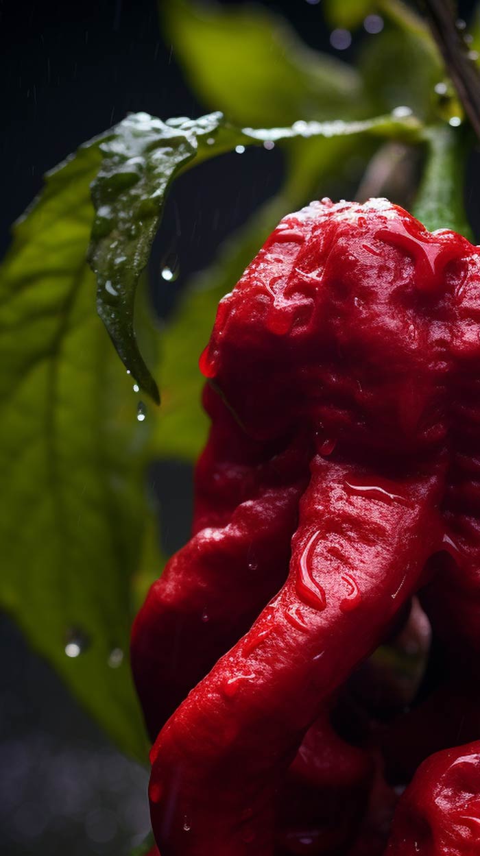 Nahaufnahme einer frischen, roten Dragon's Breath Chili aus Irland mit Wassertropfen, die an der lebendigen grünen Blattoberfläche hängt.