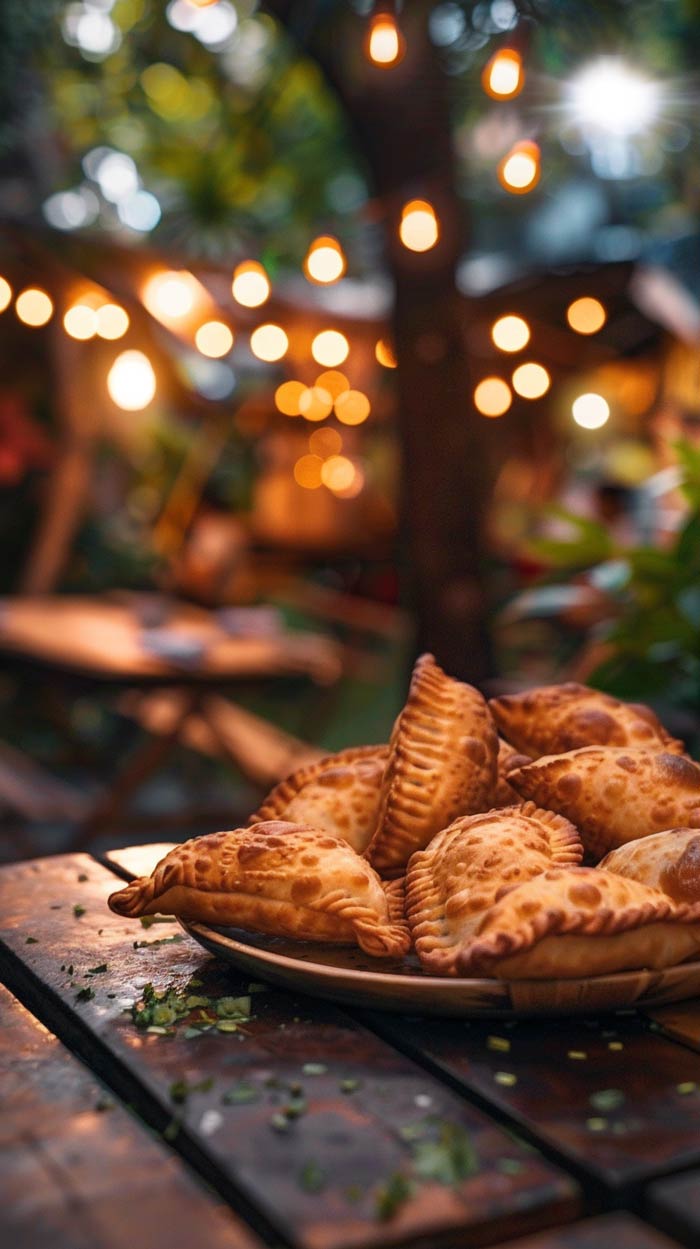 Leckere Empanadas auf einem Teller, serviert mit Salsa.