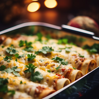 Eine ofenfrische Auflaufform gefüllt mit überbackenen Enchiladas, bestreut mit geschmolzenem Käse und frischem Koriander. Die golden-braune Käseschicht über den gerollten Tortillas hebt sich vom dunklen Hintergrund ab, während im Hintergrund warmes, unscharfes Licht eine einladende und heimelige Stimmung vermittelt.