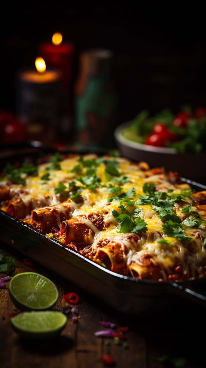 Überbackene Enchiladas mit Hähnchen und dunkler Mole-Sauce, garniert mit frischem Koriander auf einem dunklen Holztisch.