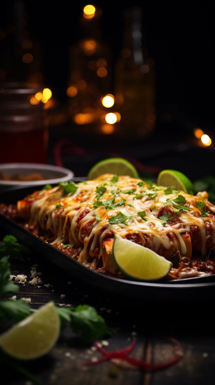 Ofenfrische Pulled-Beef-Enchiladas reichlich bedeckt mit geschmolzenem Käse und Limettenspalten als Garnitur.
