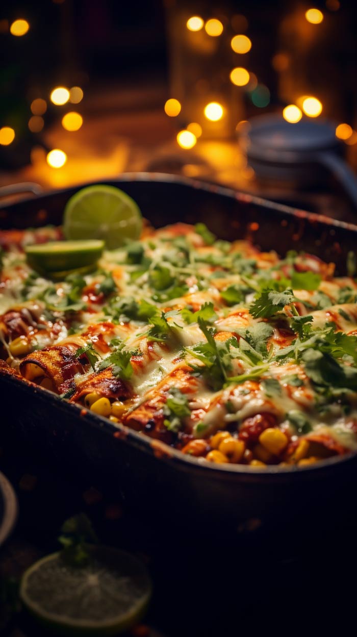 Vegetarische Enchiladas mit Gemüsefüllung, garniert mit Koriander, umgeben von stimmungsvoller Beleuchtung.