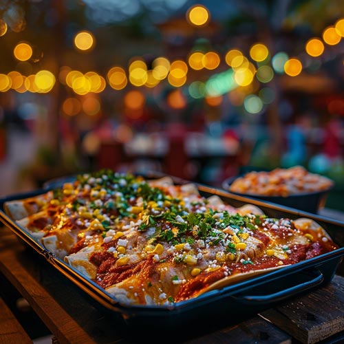 Eine Auflaufform mit reichlich belegten Enchiladas, garniert mit Mais, Fetakäse und frischem Koriander, präsentiert auf einem Holztisch vor einem stimmungsvoll beleuchteten Abendhintergrund.