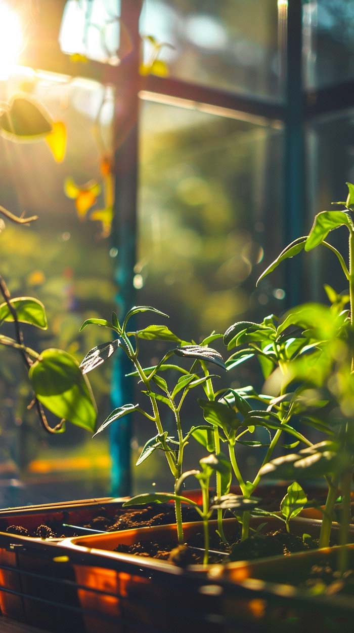 Sonnenlicht flutet durch ein Fenster und beleuchtet junge Chili-Pflanzen in einem Pflanzgefäß, wodurch ein Gefühl von Wachstum und Frische vermittelt wird.