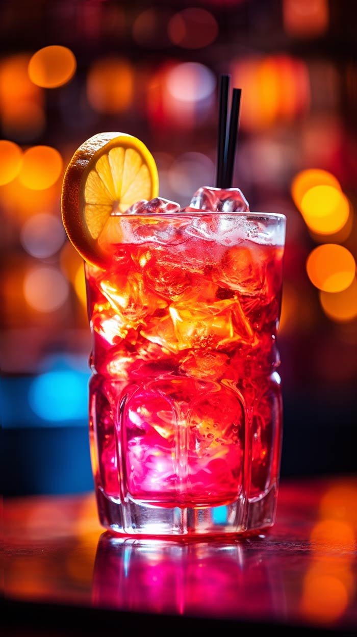 Leuchtend roter Cocktail mit Eiswürfeln, garniert mit einer Orangenscheibe, in einem beleuchteten Ambiente.