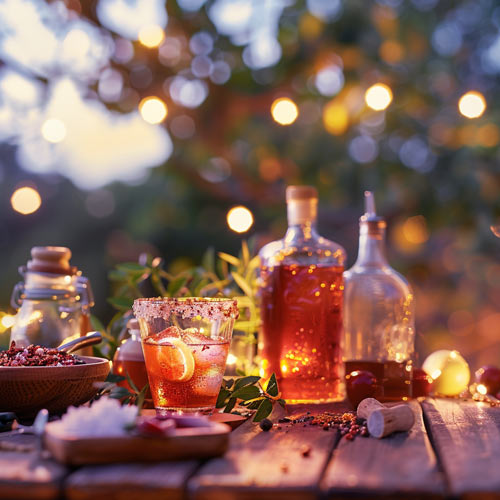 Ein Cocktailglas mit salzigen Rändern und einer Orangenscheibe steht auf einem Holztisch im Freien, flankiert von Flaschen mit bernsteinfarbenem Inhalt und Zutaten wie Pfefferkörnern und Kräutern, alles in warmes, weiches Licht getaucht.