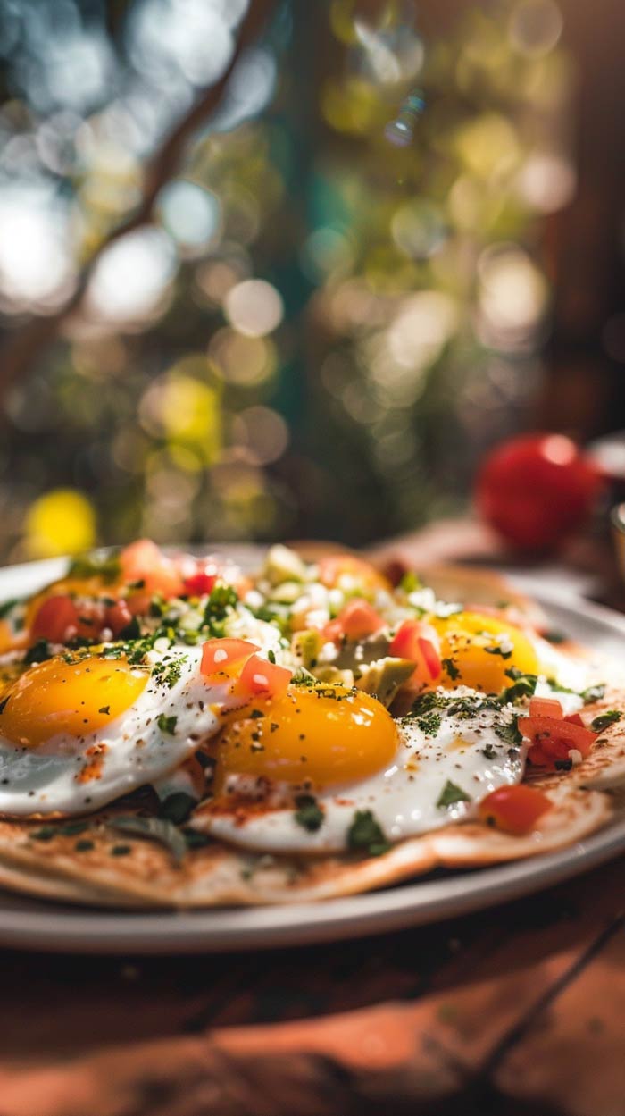 Huevos Rancheros mit frischen Kräutern garniert.