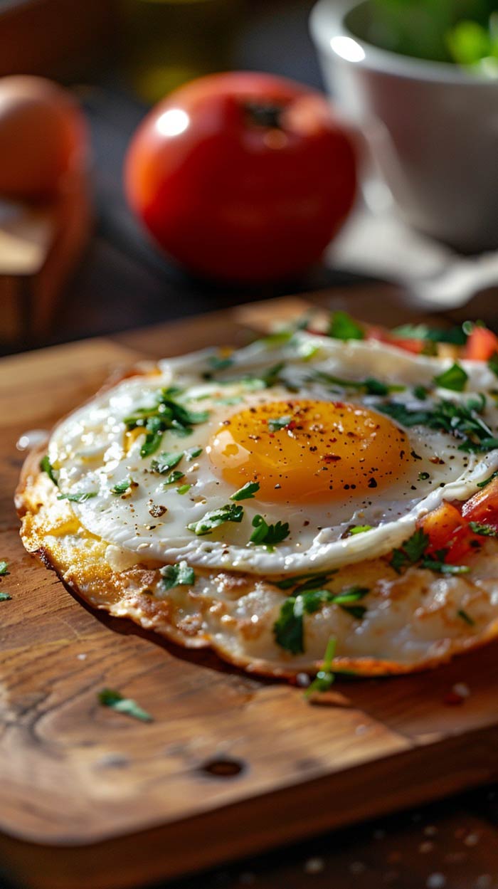 Huevos Rancheros mit Koriander und Tomaten auf einem Teller.