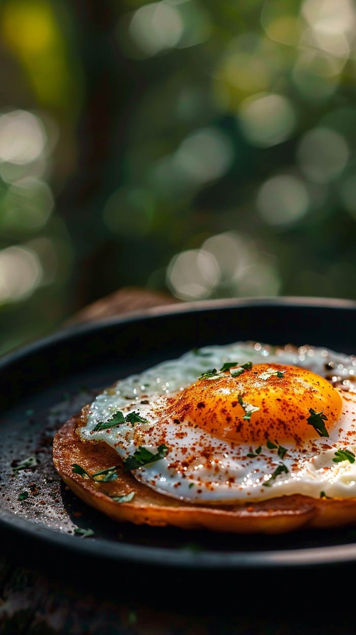 Nahaufnahme von Huevos Rancheros, serviert auf einem rustikalen Tisch.