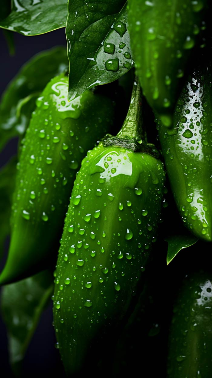 Nahaufnahme von glänzenden, grünen Jalapeno-Chilis und Blättern mit frischen Wassertropfen, hervorgehoben vor einem dunklen Hintergrund