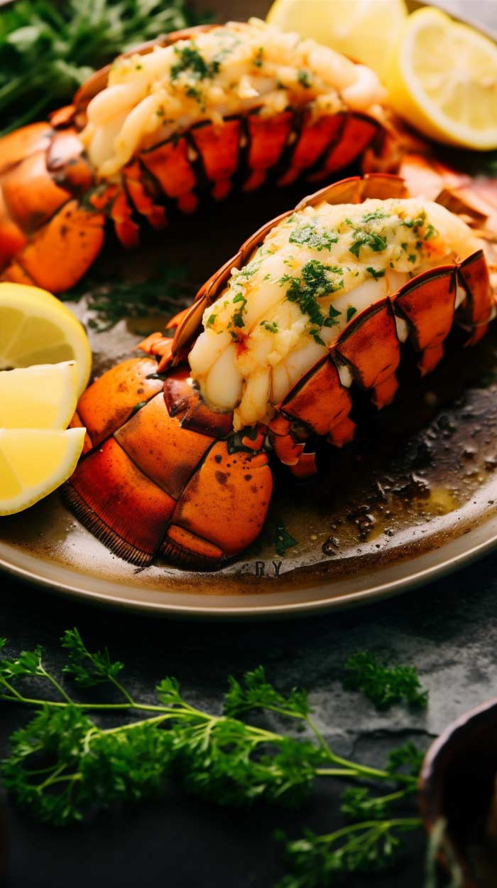 Saftige Lobster-Tails, fein gewürzt und mit Kräutern bestreut, neben Zitronenschnitzen und frischem Grün auf einem Keramikteller.