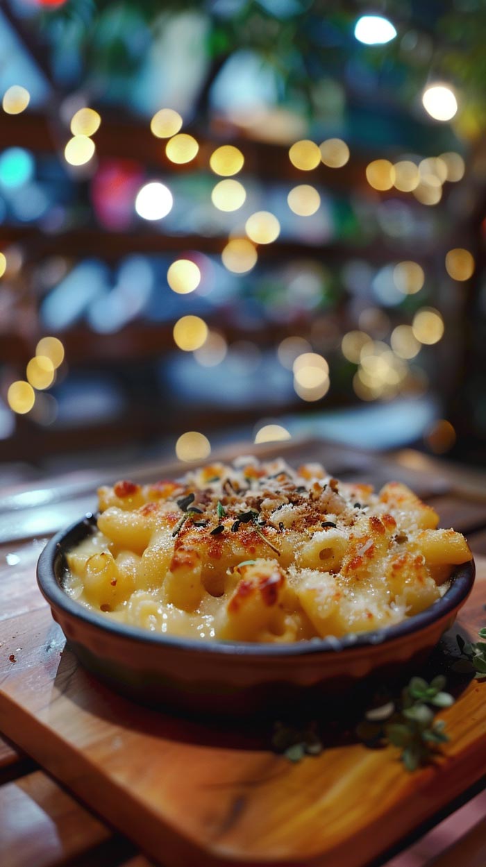 Cremige Mac and Cheese in einer Auflaufform, garniert mit Kräutern und Semmelbröseln, auf einem rustikalen Holztisch mit unscharfen Lichtern im Hintergrund.