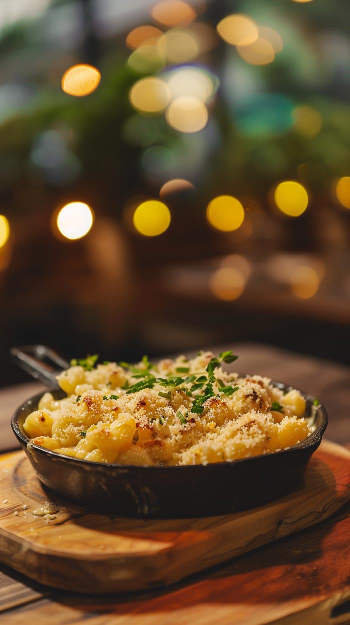 Mac and Cheese in einer schwarzen Auflaufform, garniert mit frischen Kräutern und Semmelbröseln, auf einem Holztisch mit unscharfen Lichtern

 im Hintergrund.