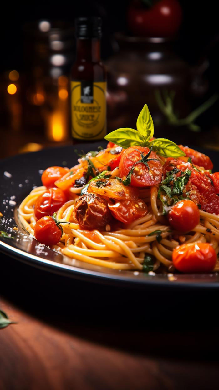 Ein appetitlicher Teller mit Spaghetti, garniert mit glänzenden, gerösteten Kirschtomaten und einem frischen Basilikumblatt, serviert auf einem dunklen Teller in einem stimmungsvoll beleuchteten Restaurant.