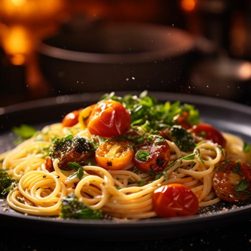 Ein Teller mit al dente Spaghetti, üppig belegt mit saftigen, gebratenen Kirschtomaten und frischem Basilikum, präsentiert in einem warmen Ambiente.