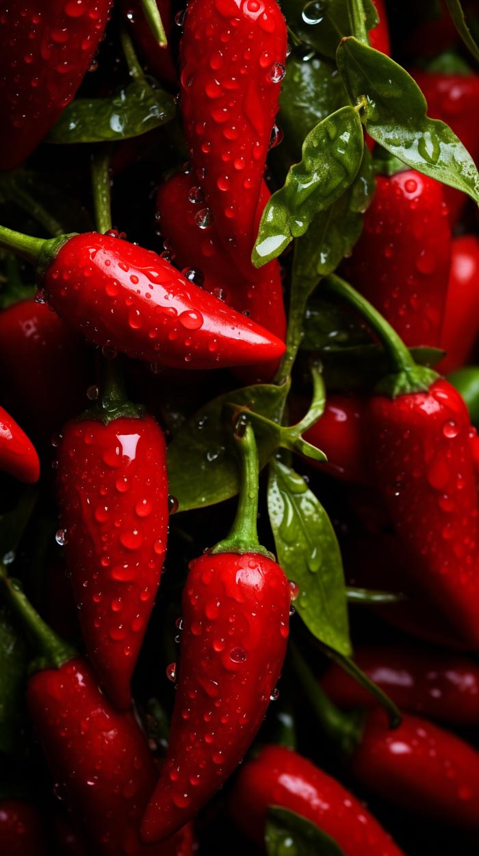 Glänzende Pequin-Chilis mit frischen Wassertropfen auf ihren leuchtend roten Schoten, umgeben von lebendig grünen Blättern.