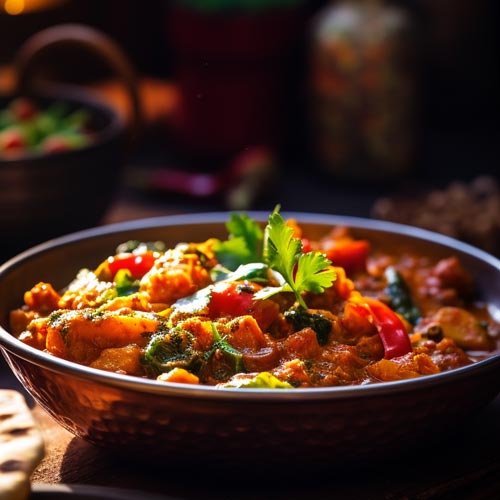 Ein tiefes, rustikales Schüsselgericht voller Phall Masala Curry, üppig garniert mit frischem Koriander, serviert in einem warmen, heimeligen Ambiente mit weichem Licht.