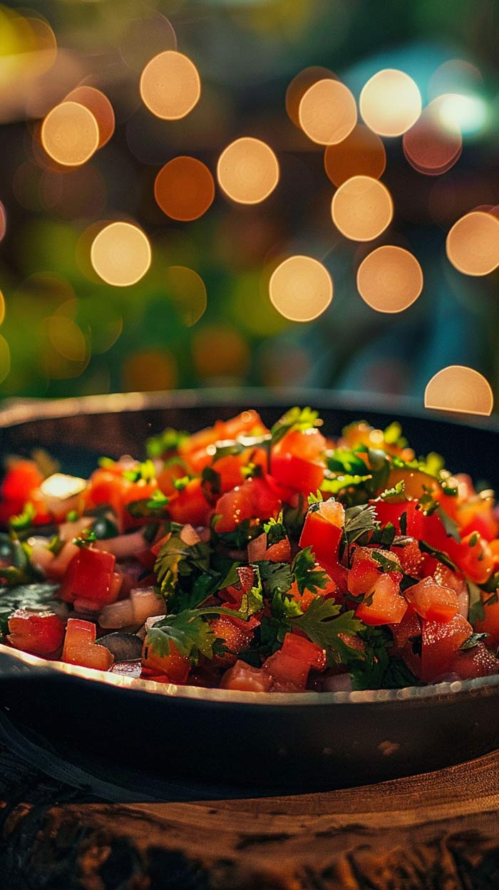 Frisches Pico de Gallo in einer Schüssel, garniert mit Koriander.