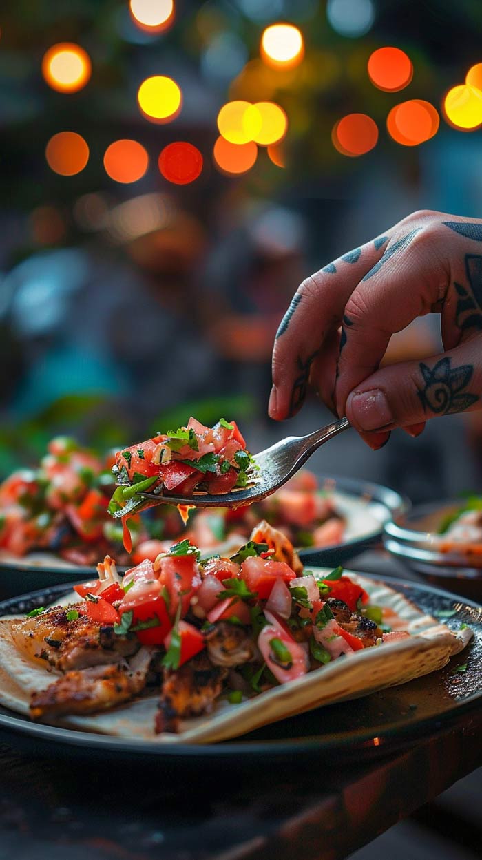 Nahaufnahme von Pico de Gallo, serviert auf einem Tisch.