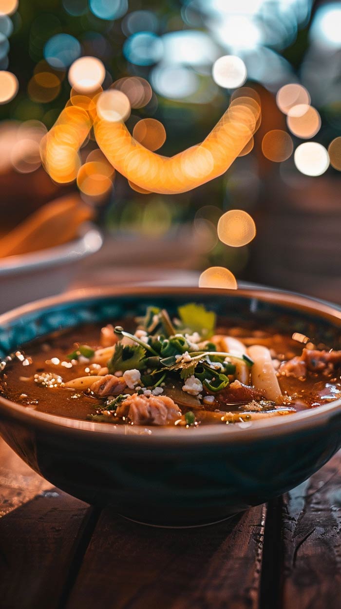 Leckeres Pozole in einer Schüssel, garniert mit frischen Kräutern.