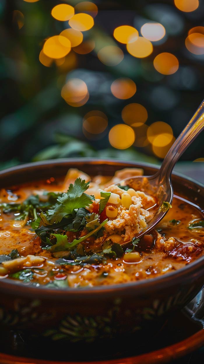 Pozole mit frischen Kräutern, serviert in einer Schale.