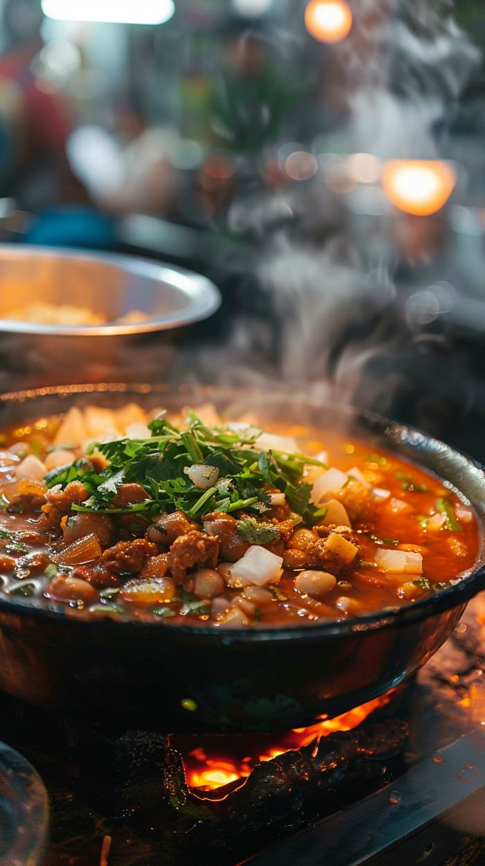 Nahaufnahme von Pozole, serviert in einer Schale.