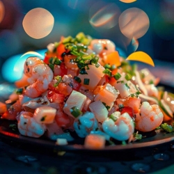 Ein Teller mit frischem Ceviche, garniert mit Koriander und Limettenscheiben.