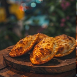 Ein Teller mit goldbraun gebackenen Empanadas, gefüllt mit herzhaftem Fleisch, serviert mit einer würzigen Salsa.