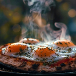 Ein Teller mit Huevos Rancheros, serviert mit einer pikanten Tomatensauce, schwarzen Bohnen und warmen Tortillas.