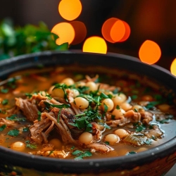 Ein Teller mit dampfendem Pozole, einem traditionellen mexikanischen Eintopf, garniert mit frischen Radieschen, Kohl und Limettenscheiben.