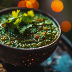 Eine Schüssel mit Salsa Verde, einer grünen Tomatensauce, garniert mit Koriander und Limetten.