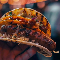 Sauerkraut Tacos mit Würstchen und Apfelmus Joghurt Dressing auf dunklem Teller