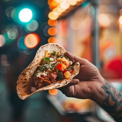 Ein Teller mit knusprigen Tostadas, belegt mit Bohnen, Fleisch, Käse und frischen Zutaten.