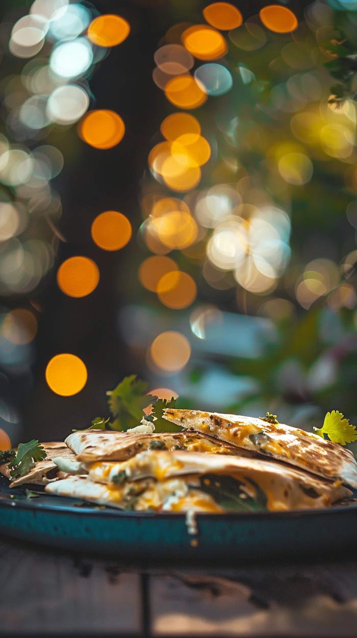 Frische, goldbraun gebackene Quesadillas, gefüllt mit Käse und Koriander, auf einem blauen Teller serviert, im Hintergrund bokeh-artige Lichter.