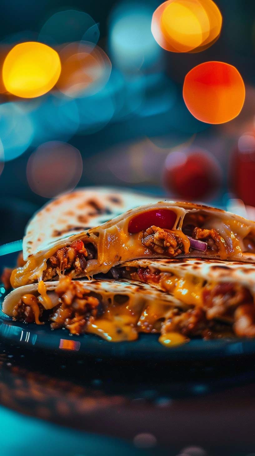 Leckere Quesadillas mit geschmolzenem Käse und Hackfleischfüllung, serviert auf einem Teller mit unscharfen Lichtern im Hintergrund.