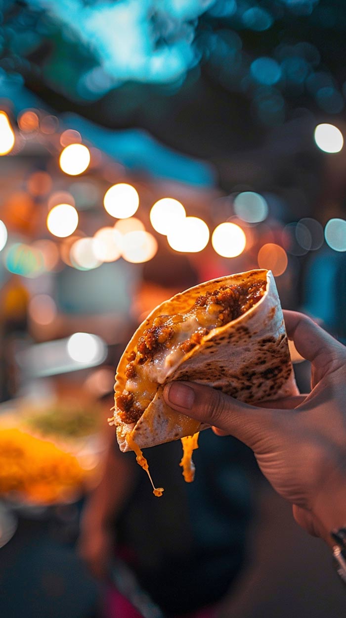 Quesadilla mit geschmolzenem Käse und Hackfleisch, auf einem rustikalen Holztisch serviert.