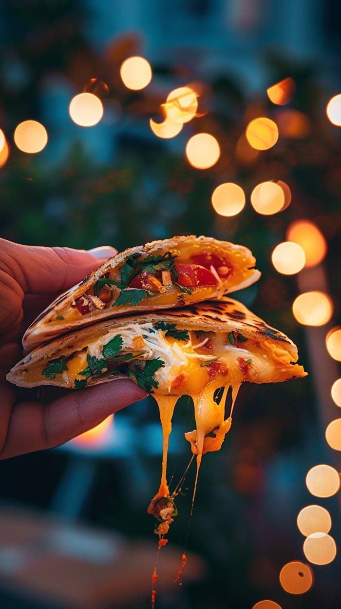 Quesadillas, serviert auf einem rustikalen Holzbrett, garniert mit frischem Koriander, im Hintergrund bokeh-artige Lichter.